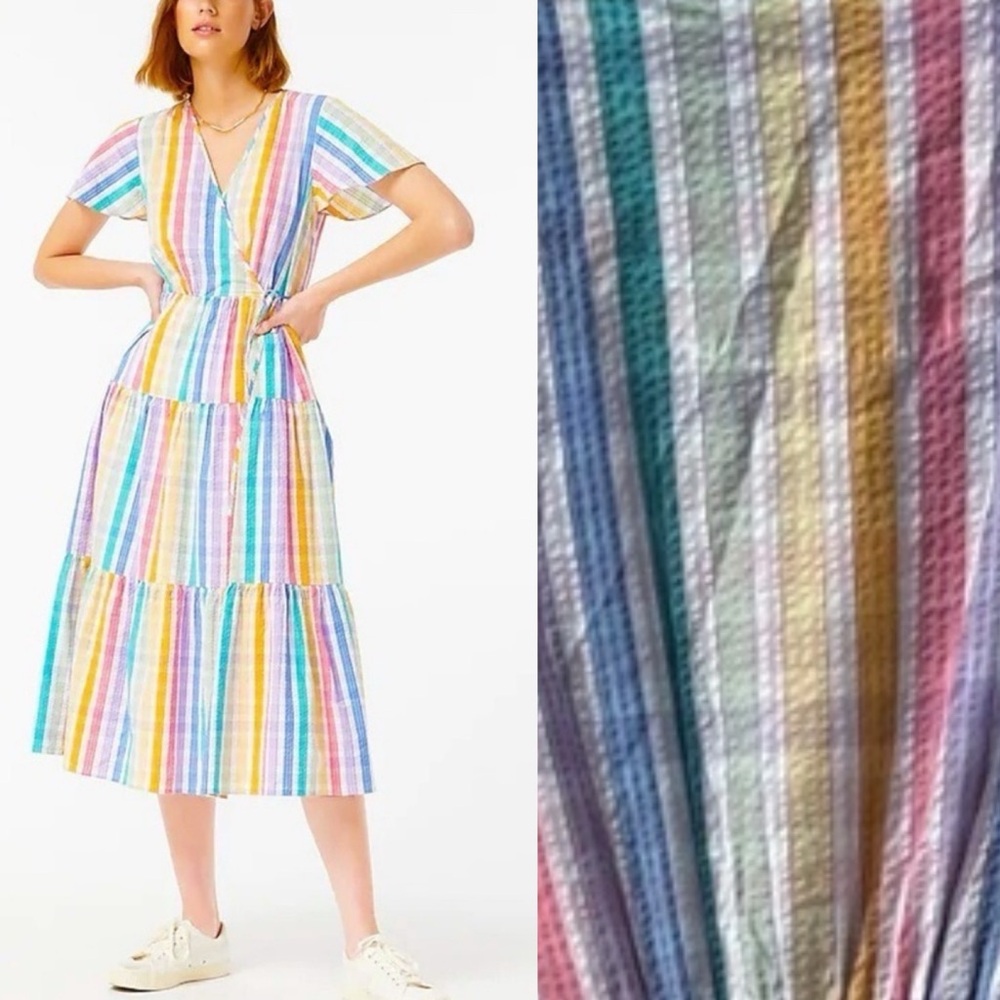 J.Crew Retro Rainbow Gingham Short Sleeved Faux Wrap Midi Dress Sz 4